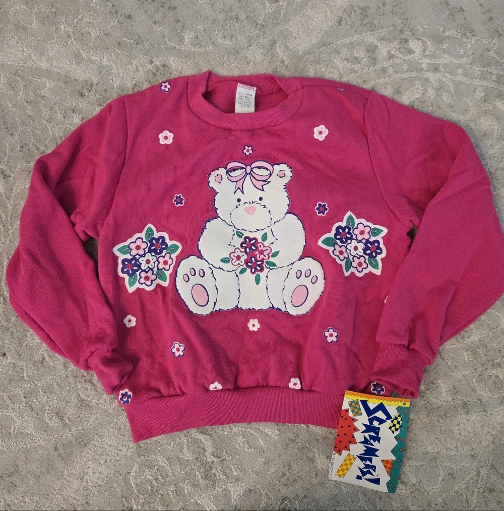 Vintage 1990s Fuschia Pink Teddy Bear Print Sweatsuit 2pc Set NWT